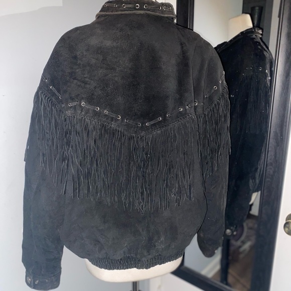 VNTG WILSON BLACK FRINGE WESTERN LEATHER JACKET W/SILVER INDIAN HEAD SNAP BUTTON - Picture 5 of 16